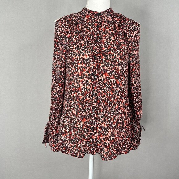 Karen Millen Womens Top 2 Red Leopard Button Blouse Cold Shoulder Bell Sleeve - Picture 1 of 13